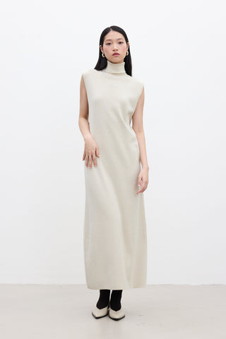 Sleeveless High Neck Knit Dress Beige