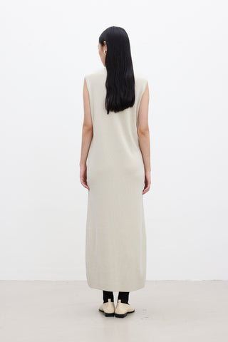 Sleeveless High Neck Knit Dress Beige