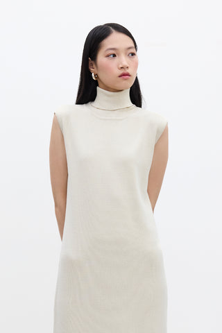Sleeveless High Neck Knit Dress Beige