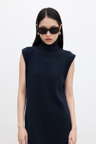 Sleeveless High Neck Knit Dress Navy Blue