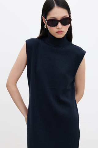 Sleeveless High Neck Knit Dress Navy Blue