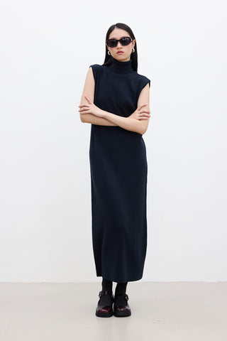 Sleeveless High Neck Knit Dress Navy Blue