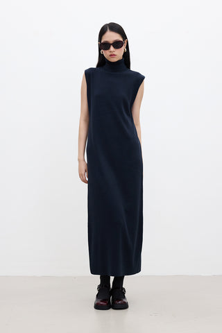 Sleeveless High Neck Knit Dress Navy Blue