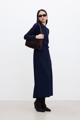 Collared Knit Dress Navy Blue