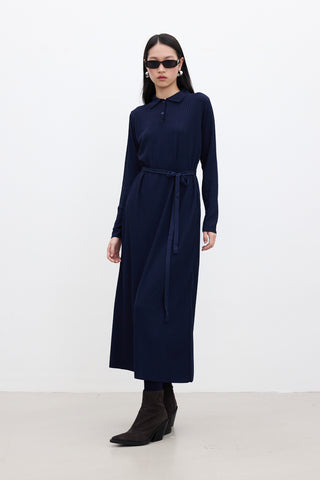 Collared Knit Dress Navy Blue