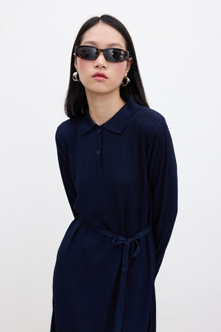 Collared Knit Dress Navy Blue