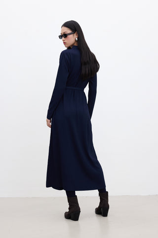 Collared Knit Dress Navy Blue