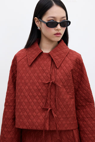 Quilted Belted Short Jacket Burgundy