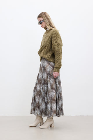 Ruffled Wide Skirt Plaid Brown