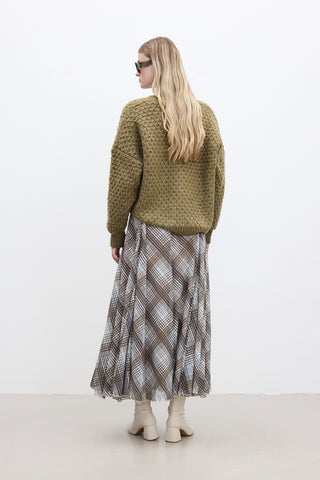 Ruffled Wide Skirt Plaid Brown