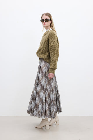 Ruffled Wide Skirt Plaid Brown