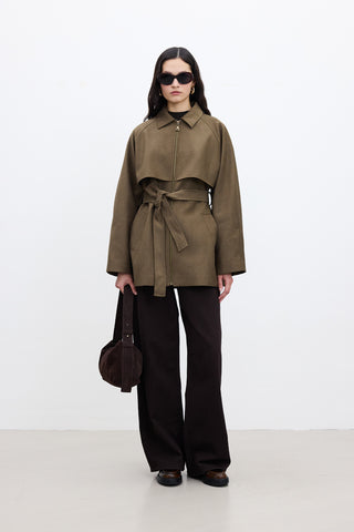 Suede-Style Trench Jacket Khaki