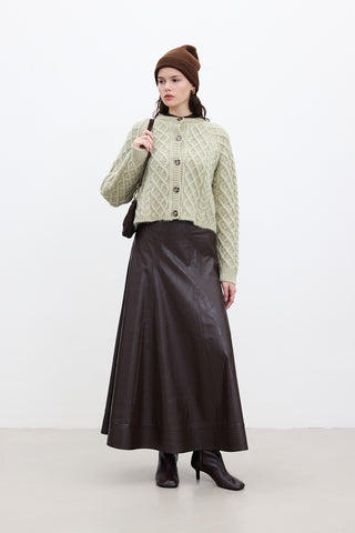 Wide-Cut Faux Leather Skirt Dark Brown