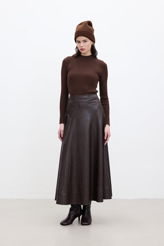 Wide-Cut Faux Leather Skirt Dark Brown