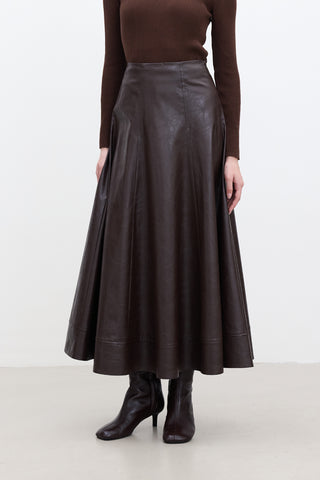 Wide-Cut Faux Leather Skirt Dark Brown