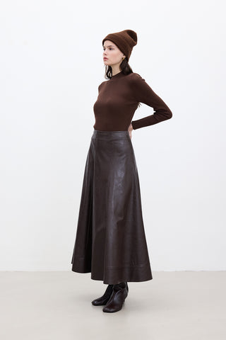 Wide-Cut Faux Leather Skirt Dark Brown