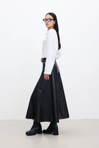 Wide-Cut Faux Leather Skirt Black