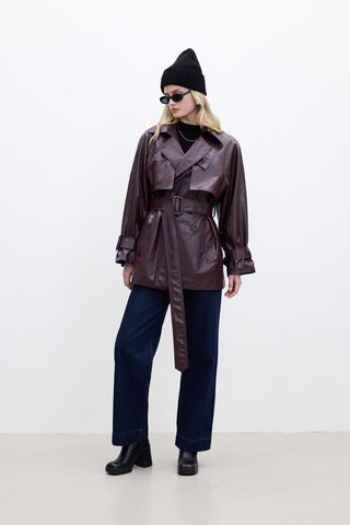 Oversized Faux Leather Trench Coat Burgundy