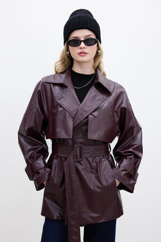 Oversized Faux Leather Trench Coat Burgundy