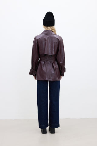 Oversized Faux Leather Trench Coat Burgundy