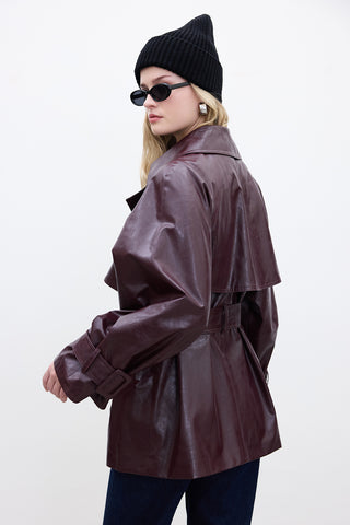Oversized Faux Leather Trench Coat Burgundy