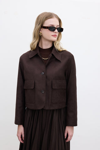 Faux Suede Short Jacket Dark Brown