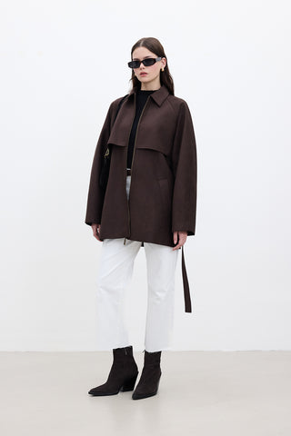 Suede-Style Trench Jacket Brown