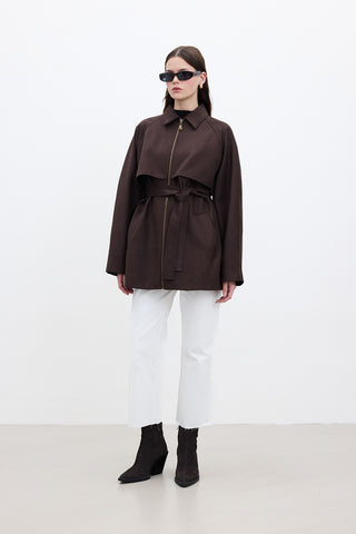 Suede-Style Trench Jacket Brown