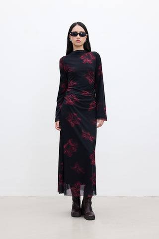 Patterned Wide-Sleeve Tulle Dress Lotus