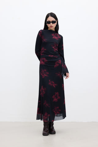 Patterned Wide-Sleeve Tulle Dress Lotus