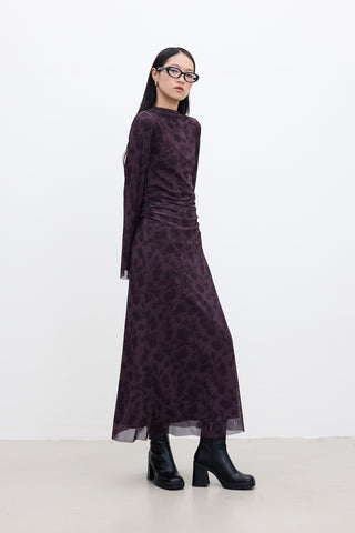 Patterned Wide-Sleeve Tulle Dress Aster