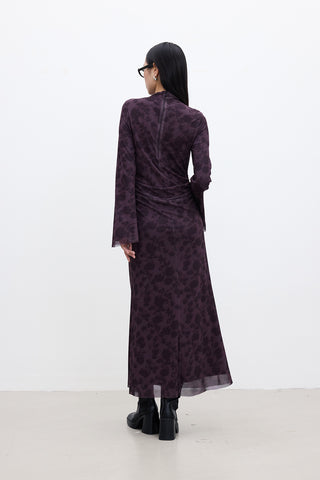 Patterned Wide-Sleeve Tulle Dress Aster