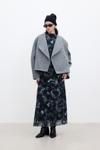 Patterned Wide-Sleeve Tulle Dress Black