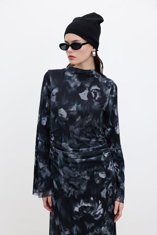 Patterned Wide-Sleeve Tulle Dress Black