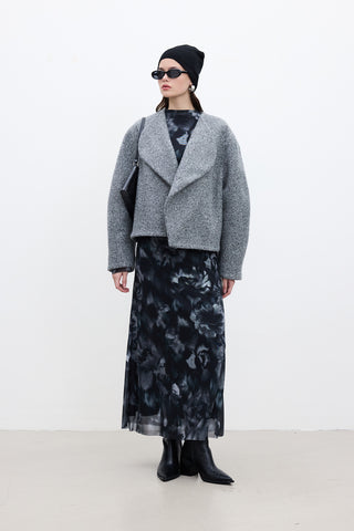 Patterned Wide-Sleeve Tulle Dress Black