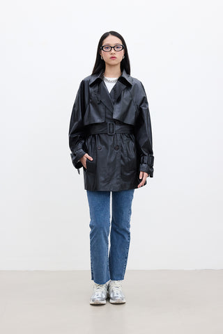 Oversized Faux Leather Trench Coat Black