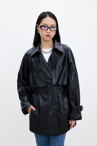 Oversized Faux Leather Trench Coat Black