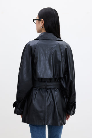 Oversized Faux Leather Trench Coat Black