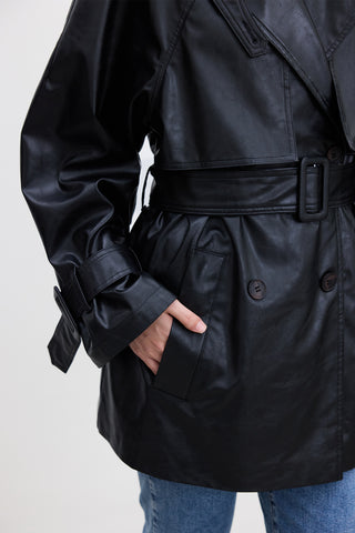 Oversized Faux Leather Trench Coat Black