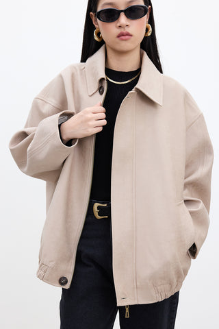 Faux Suede Bomber Jacket Sand