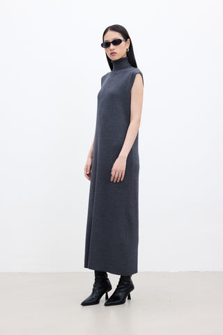 Sleeveless High Neck Knit Dress Anthracite