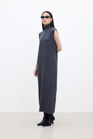 Sleeveless High Neck Knit Dress Anthracite