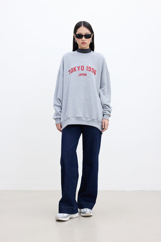 BASKI DETAYLI OVERSIZE SWEATSHIRT GRİ MELANJ