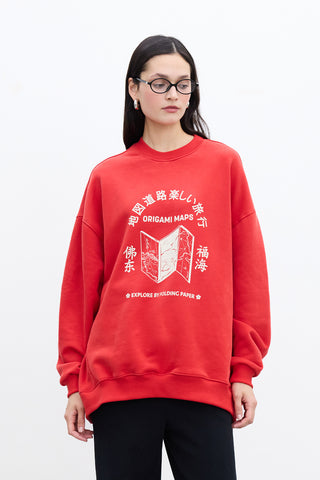 BASKI DETAYLI OVERSIZE SWEATSHIRT KIRMIZI