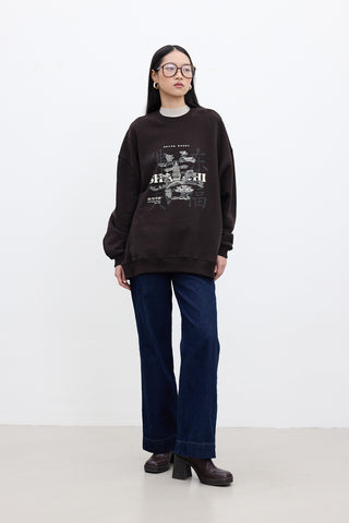 Printed Oversized Sweatshirt Dark Brown