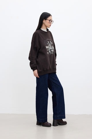 BASKI DETAYLI OVERSIZE SWEATSHIRT ACI KAHVE