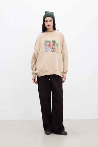 BASKI DETAYLI OVERSIZE SWEATSHIRT CAMEL