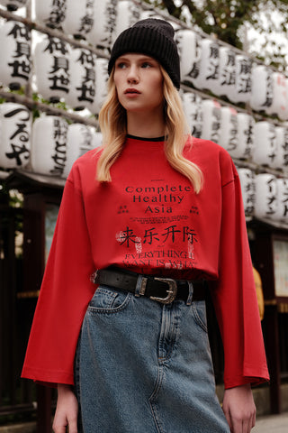 Oversized Long-Sleeve Printed T-Shirt Red