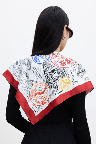 Patterned Satin Neck Scarf Stamp Red