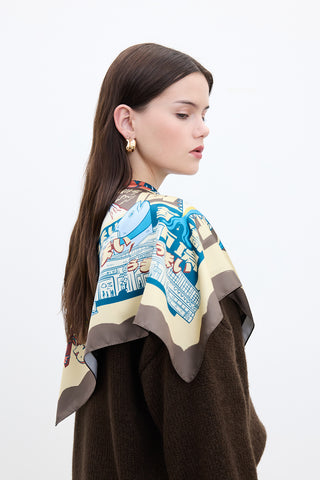 Patterned Satin Neck Scarf Japanese Culture Brown